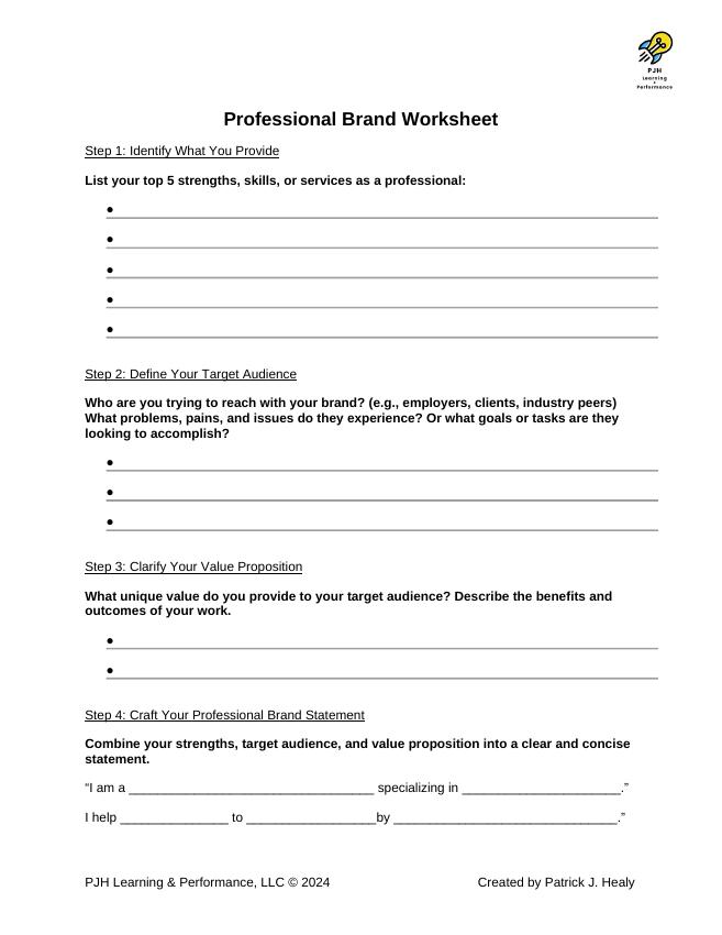 First page of Professional Brand Worksheet